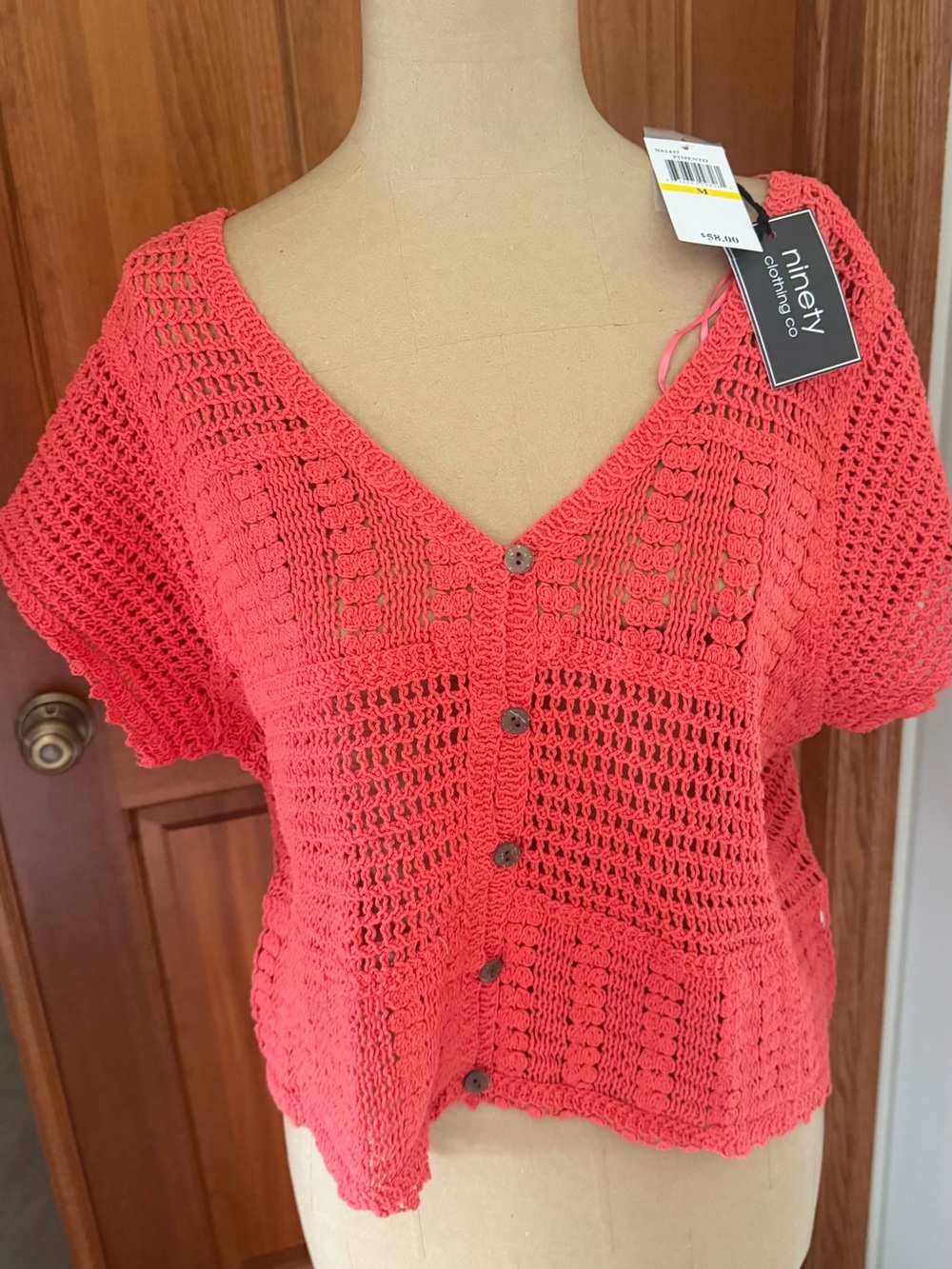Ninety Coral Crochet V-Neck Button-Up Knit Top
